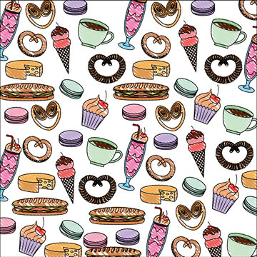 tasty sweet ice cream cake pretzel cheese coffee pattern image vector illustration