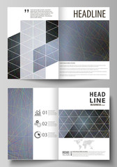 Business templates for bi fold brochure, flyer, booklet. Cover design template, vector layout in A4 size. Colorful dark background with abstract lines. Bright color chaotic, random, messy curves.