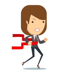 Concept of successful businesswoman in a finishing line. Businessman victory run toward red ribbon tape finish. Concept business illustration.