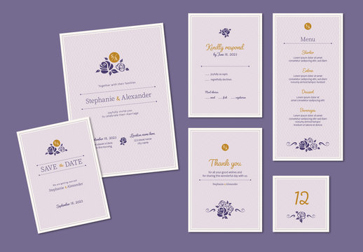 Wedding Invitation Set with Purple and Gold Accents