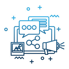 social media mobile comment marketing and photos vector illustration degraded color blue