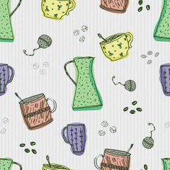 Keuken foto achterwand Thee Naadloze patroon met handgetekende doodle keuken koffie en thee elementen op grijze achtergrond