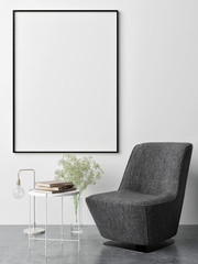 Mock up poster,minimalism concept design, armchair with decoration,3d render, 3d illustration