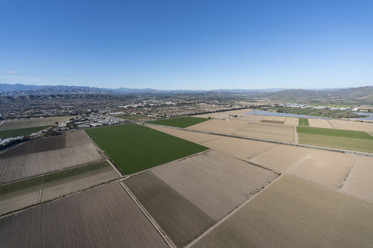 Aerial view of coastal farm fields near Camarillo in scenic Ventura County, California. 