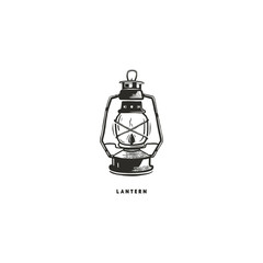 Vintage hand drawn lantern concept. Perfect for logo design, badge, camping labels. Monochrome. Symbol for outdoor activity emblems. Stock illustration isolated on white background © jeksonjs