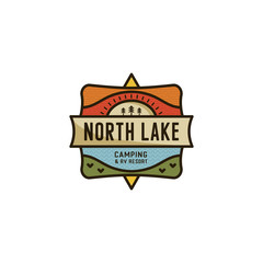 Vintage hand drawn travel badge. Camping label concept. Mountain expedition logo design. Travel badge, rv logotype. North Lake sign. Stock patch isolated on white background