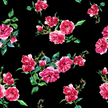 Seamless pattern of large roses painted in watercolor.