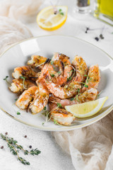 Appetizer grilled shrimps. restaurant served on a plate