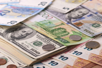 Dollar, euro, ruble banknotes, coins