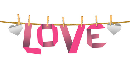 Pink love origami word hang on a rope