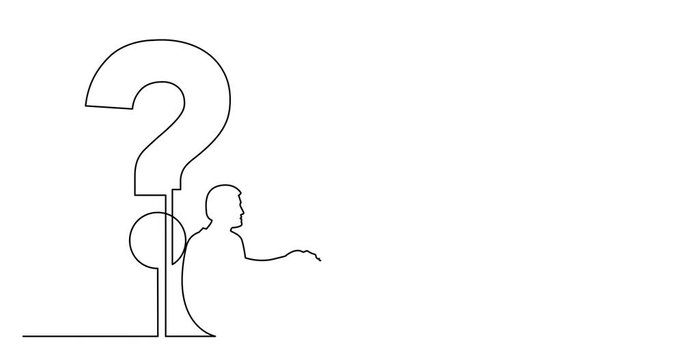 Self drawing animation of continuous line drawing of sitting man with some question