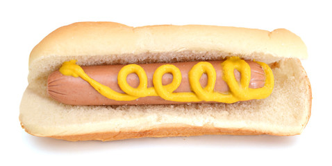 Close-up image of a hotdog sandwich with yellow mustard sauce on a white background