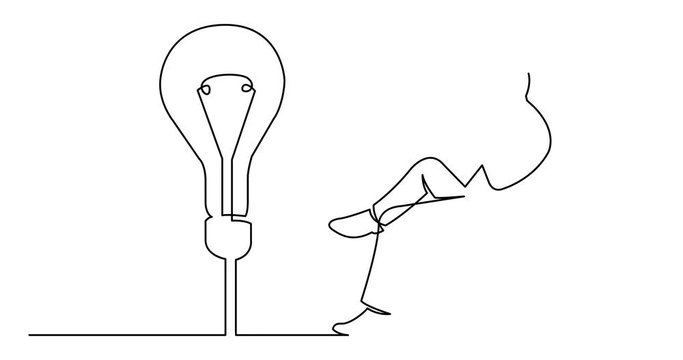 Self drawing animation of continuous line drawing of businessman sitting thinking about new idea
