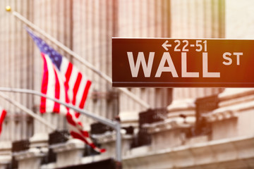 Wall street sign with the New York Stock Exchange on the background