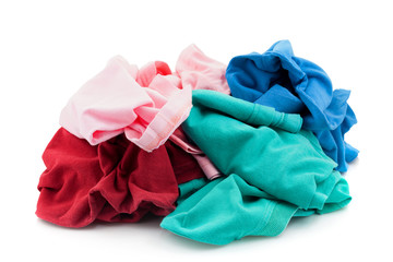 pile of dirty cloth laundry isolated on white background.