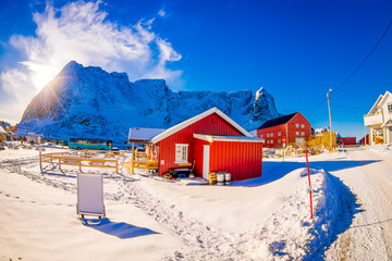 SVOLVAER, LOFOTEN ISLANDS, NORWAY - APRIL 10, 2018: Outdoor view of beautiful rorbu or fisherman...