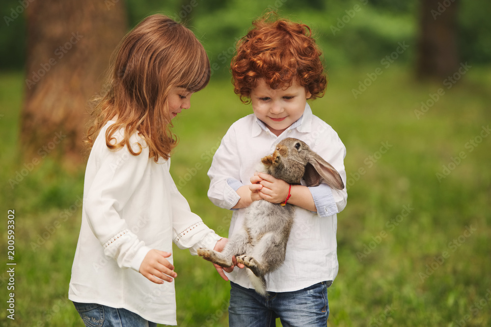 Wall mural boy and girl playing with rabbit in park