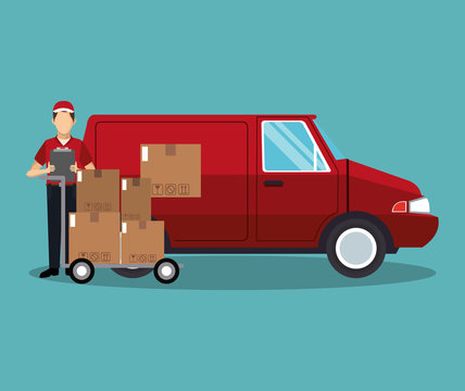 Courier with boxes and van vector illustration graphic design