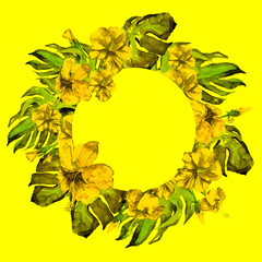 Tropical Circle Frame With Hibiscus and Monstera Watercolor  Hand Painted Tropic Summer Motif with Hibiscus.