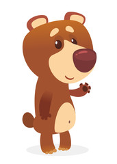 Funny cartoon brown bear. Vector illustration of a bear waving hand. Isolated on white. Design for print, package or book illustration