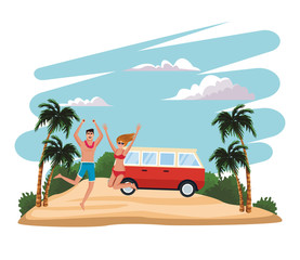 Young people at beach traveling with vehicle vector illustration graphic design