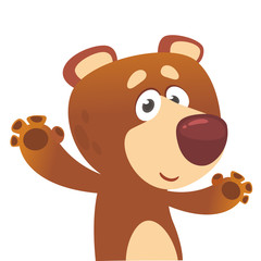 Happy cartoon bear holding a wooden blank board for text. Vector illustration