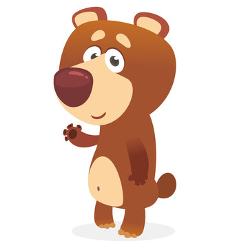 Cartoon brown bear. Vector illustration of a bear waving hand. Isolated on white. Design for print, package or book illustration