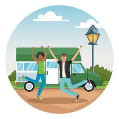 Young couple traveling with vehicle vector illustration graphic design