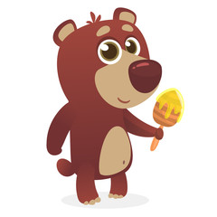 Cute cartoon brown bear holding honey wooden stick. Vector illustration of a bear sitting isolated on simple and nice design. 