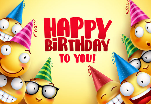 Happy birthday vector smileys greetings design with funny and happy yellow emoticons wearing colorful party hats in yellow background. Smileys vector illustration.
