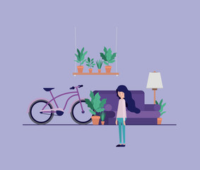 couple in the living room with houseplants and bicycle