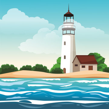 Lighthouse at landscape scenery vector illustration graphic design