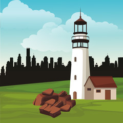 Lighthouse at landscape scenery vector illustration graphic design
