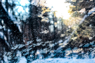 February frosty patterns on the windows of the car. Iced Glass