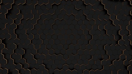 3d render abstract background. Black with gold sides of the pentagon.