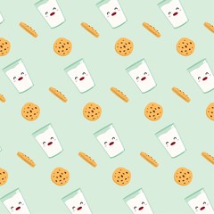 Seamless pattern glass of milk and chocolate chip cookies on blue background. Vector cartoon design.  Vector illustration.