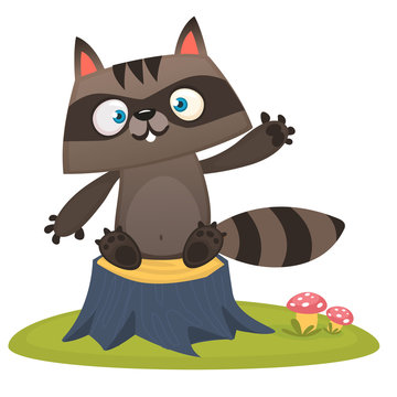 Funny cartoon raccoon waving a paw ad sitting on a tree stump. Vector illustration. Design for print or children book illustration