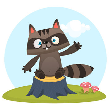 Funny cartoon raccoon waving a paw ad sitting on a tree stump in a meadow with a grass and murshrooms. Vector illustration. Design for print or children book illustration