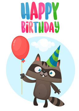Funny cartoon raccoon holding red balloon wearing birthday party hat. Vector illustration for birthday postcard. Design for print