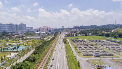 Aerial of a city's waste management sewage and water treatment plants