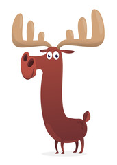 Cartoon moose character with big horns. Vector illustration isolated. Poster design of sticker