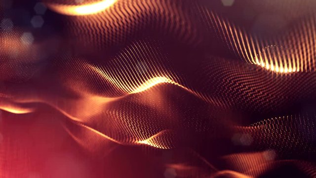 3d loop animation for science fiction background of glowing particles with depth of field and bokeh. Particles form line and wave surface grid for vj loop. V30 red gold