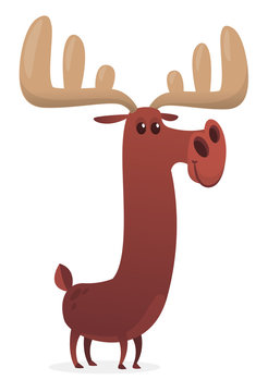 Cartoon moose character with big horns. Vector illustration isolated. Poster design of sticker