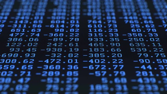 Random Data Digits, Moving LCD Screen. Slow crawl close up on randomized positive and negative decimal numbers fluctuate via a pixelated blue LCD screen. Macro, 60fps.