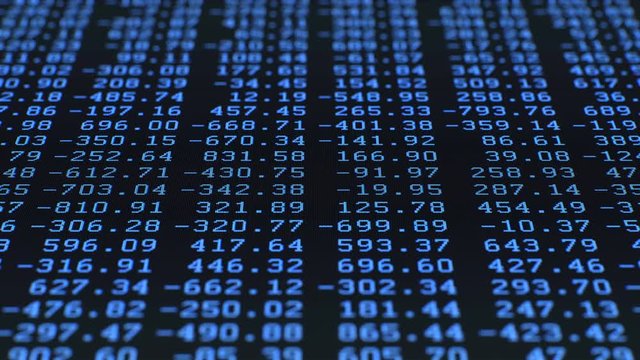Random Data Digits, LCD Screen. Randomized positive and negative decimal numbers fluctuate via a pixelated blue LCD screen. Macro, 60fps.
