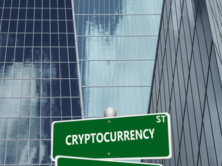 Cryptocurrency street sign on financial district building background