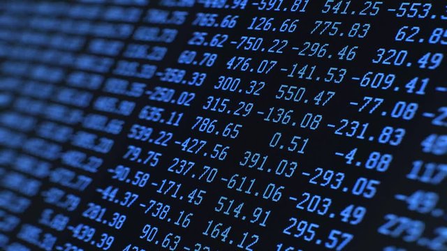 Random Data Digits, Up Maco LCD. Moving close up on randomized positive and negative decimal numbers fluctuate via a pixelated blue LCD screen. Macro, 60fps.