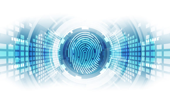 Fingerprint integrated in a printed circuit, releasing binary codes. fingerprint Scanning Identification System. Biometric Authorization and Business Security Concept. Vector illustration background