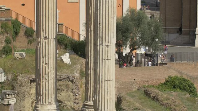 Tilt up view of the Temple of Vespasian and Titus in Rome
