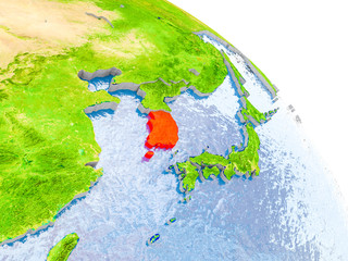 South Korea in red model of Earth